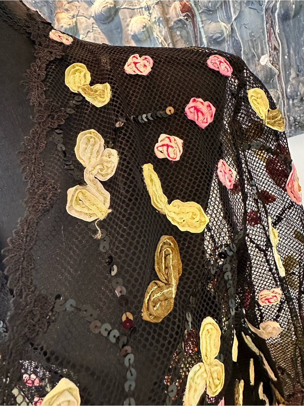 ⭐️ Black Sheer Mesh Cardigan with Pink, Yellow & Orange Appliqués - Picture 4 of 12